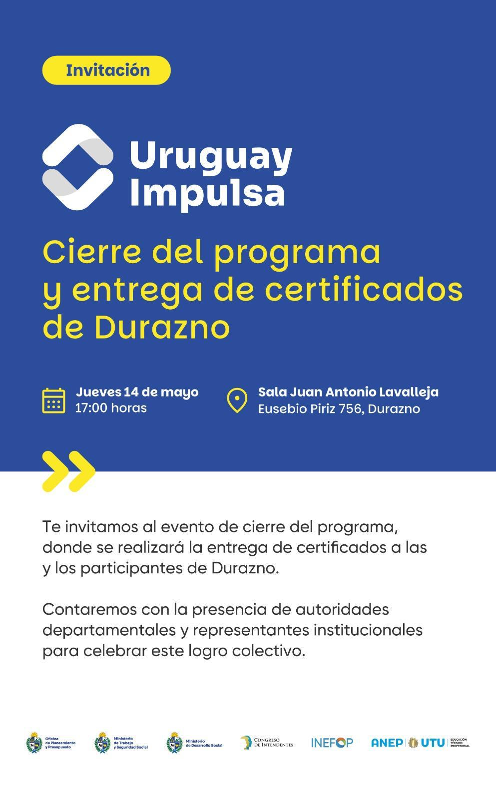 Programa Uruguay Impulsa realizará cierre y entrega de certificados en Durazno