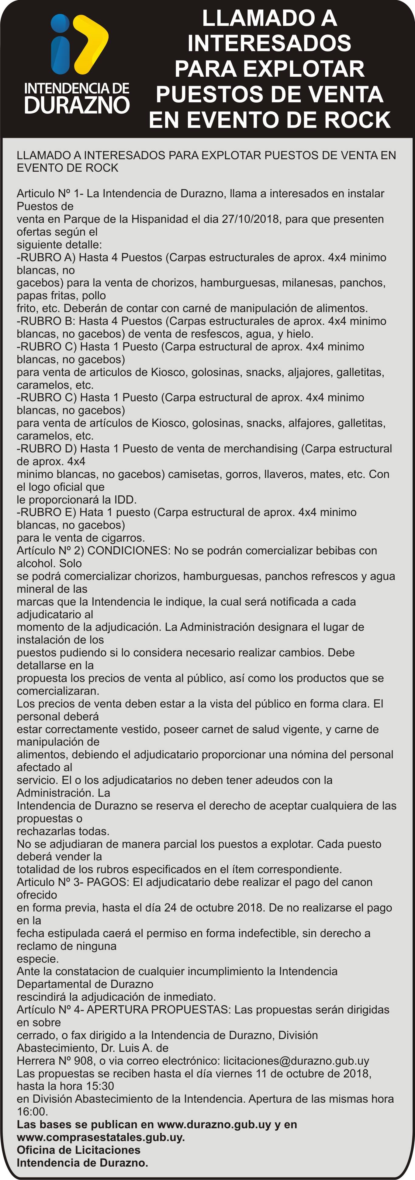 llamado ventas durazno rock pliego